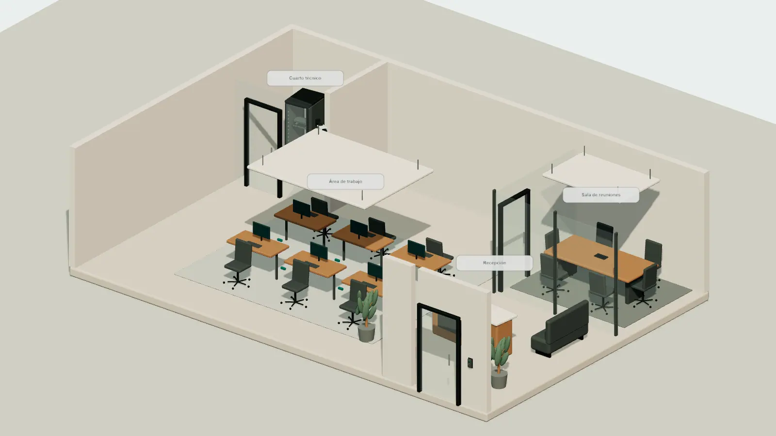Maqueta ilustrativa de una oficina con recepción, puestos de trabajo, sala de reuniones y cuarto técnico