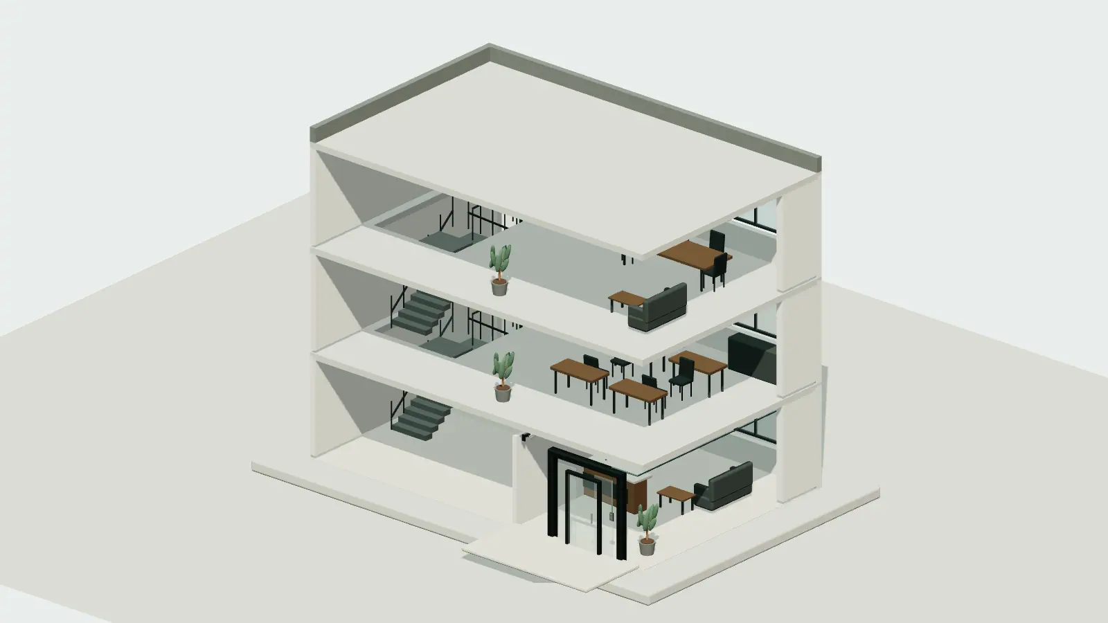Maqueta ilustrativa de un inmueble de tres niveles con sistemas tecnológicos integrados