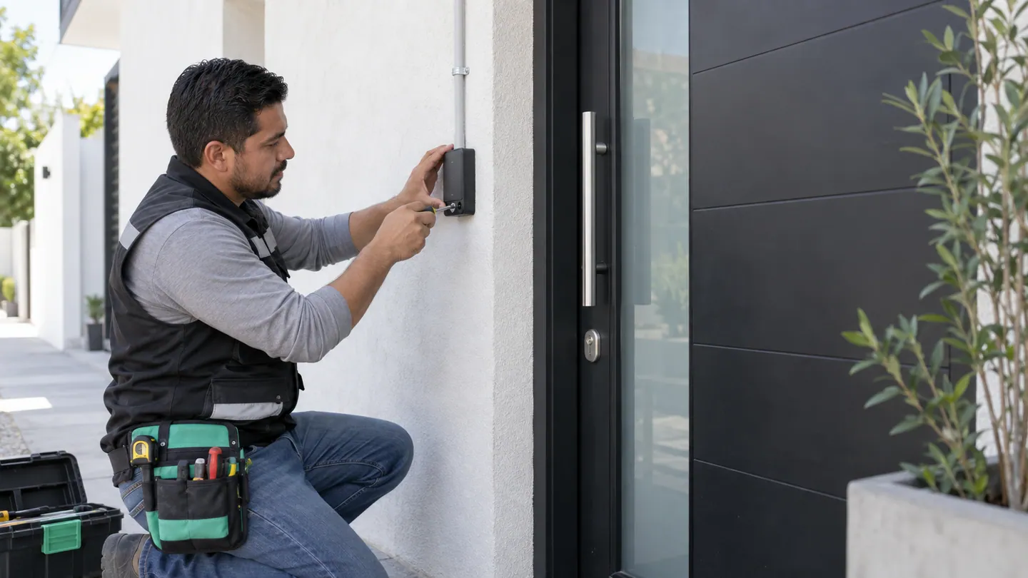 Ilustración conceptual de una persona instalando un lector de control de acceso junto a una puerta